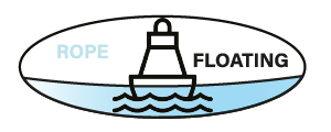 Logo aziendale Floating Rope con faro su sfondo ondulato, simbolo di produzione corde per nautica di qualità