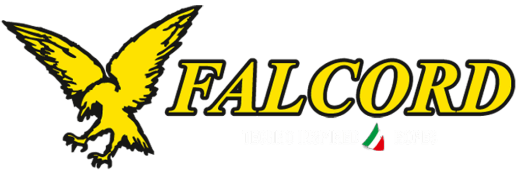 Logo Falcord con aquila stilizzata e bandiera italiana, simbolo di eccellenza nella produzione corde per nautica